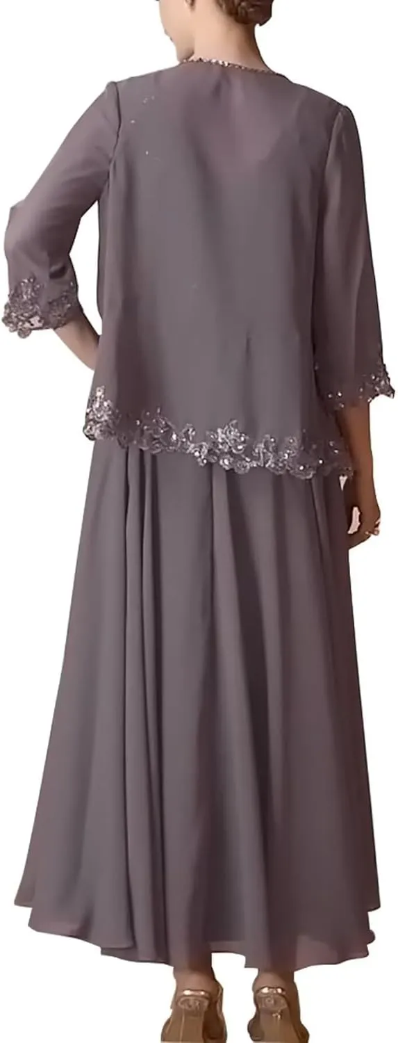 2 Piece Mother of The Bride Dresses with Jacket Chiffon Sequin Appliques Formal Dress for Women