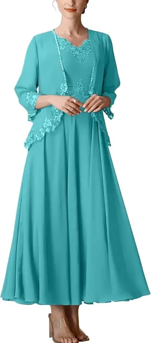2 Piece Mother of The Bride Dresses with Jacket Chiffon Sequin Appliques Formal Dress for Women