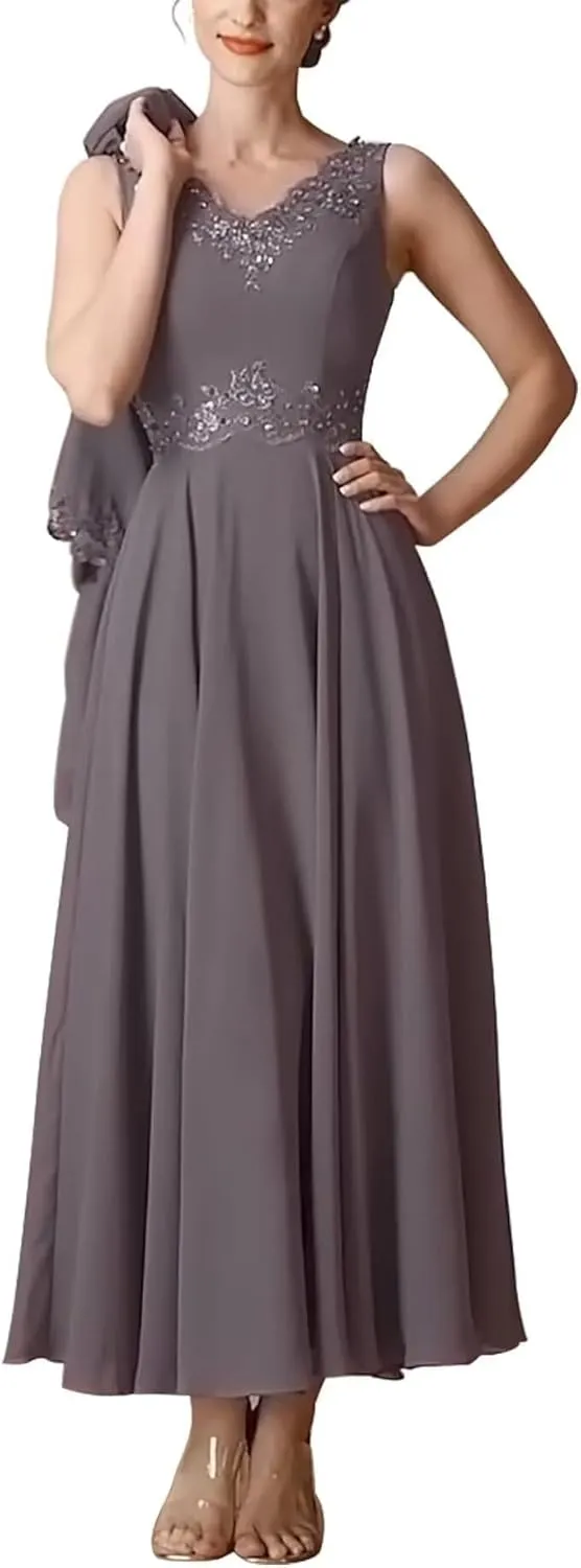 2 Piece Mother of The Bride Dresses with Jacket Chiffon Sequin Appliques Formal Dress for Women