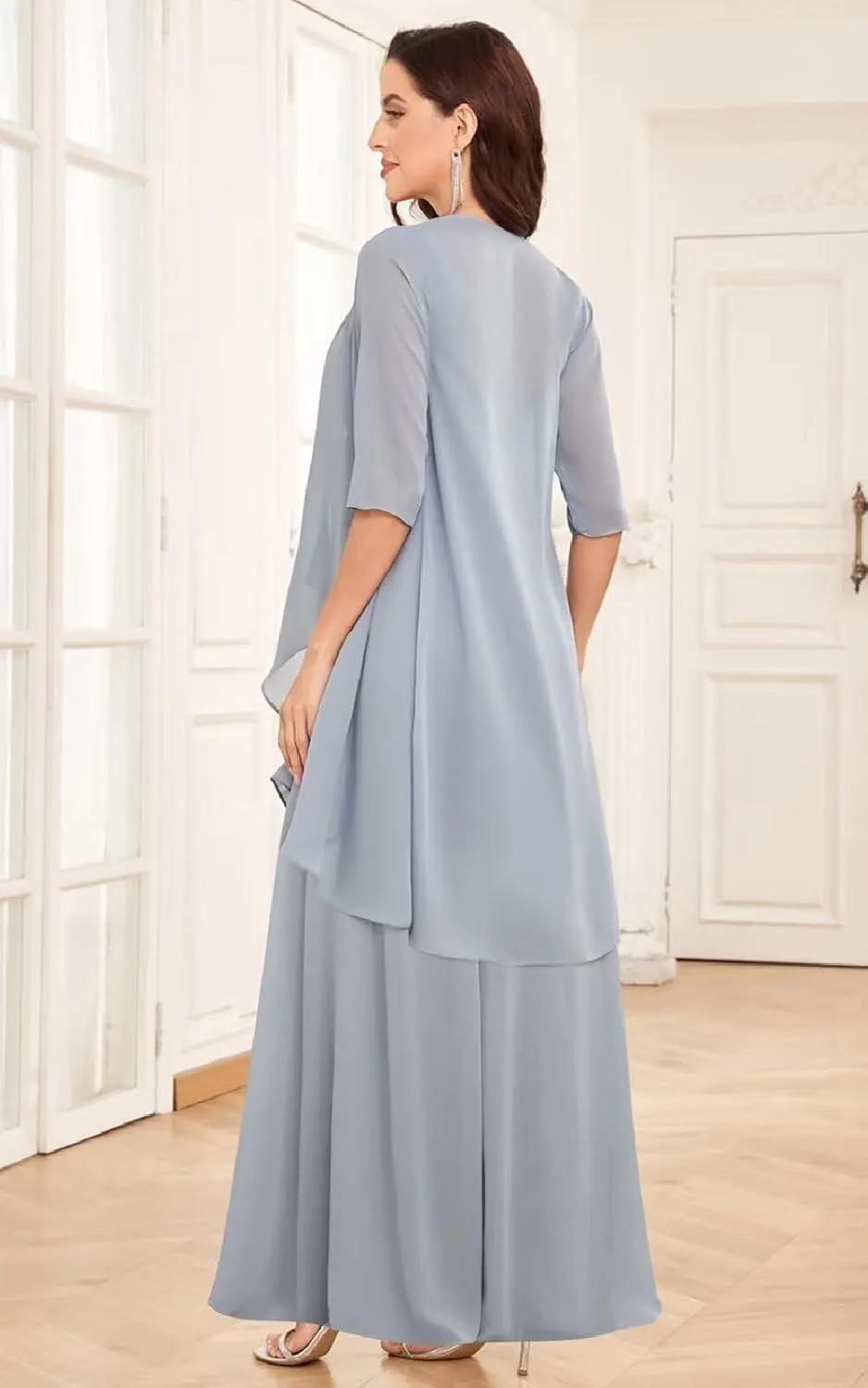 2 Pieces Mother of The Bride Dresses for Wedding Half Sleeve Chiffon Formal Evening Gowns with Jacket