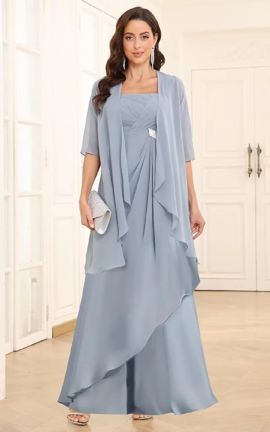 2 Pieces Mother of The Bride Dresses for Wedding Half Sleeve Chiffon Formal Evening Gowns with Jacket
