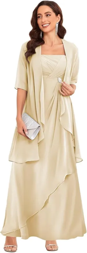 2 Pieces Mother of The Bride Dresses for Wedding Half Sleeve Chiffon Formal Evening Gowns with Jacket