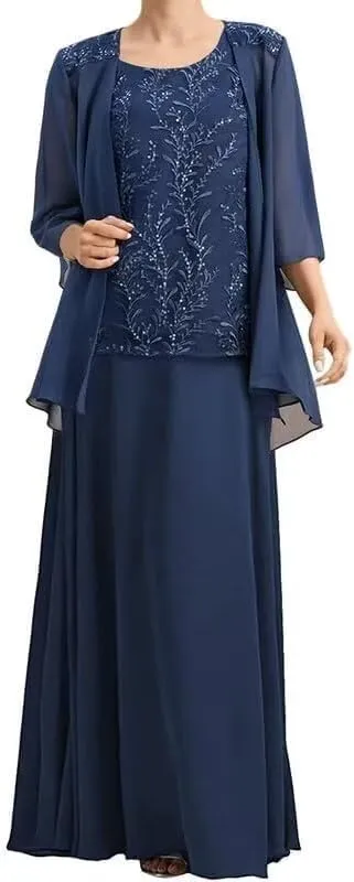 2 Pieces Mother of The Bride Dresses with 3/4 Sleeve Jacket Chiffon Formal Wedding Guest Dresses Evening Gowns
