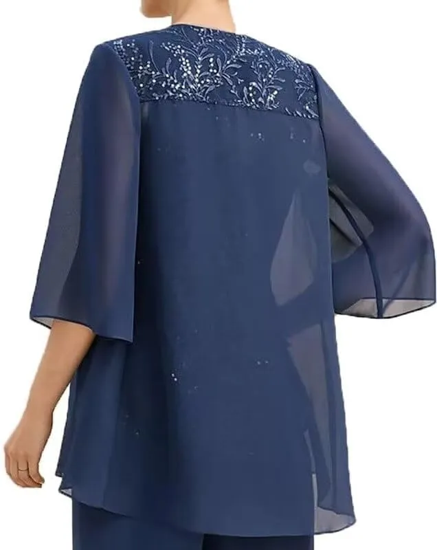 2 Pieces Mother of The Bride Dresses with 3/4 Sleeve Jacket Chiffon Formal Wedding Guest Dresses Evening Gowns