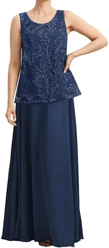 2 Pieces Mother of The Bride Dresses with 3/4 Sleeve Jacket Chiffon Formal Wedding Guest Dresses Evening Gowns