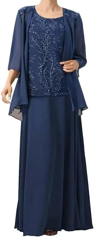 2 Pieces Mother of The Bride Dresses with 3/4 Sleeve Jacket Chiffon Formal Wedding Guest Dresses Evening Gowns