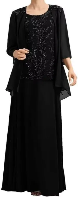 2 Pieces Mother of The Bride Dresses with 3/4 Sleeve Jacket Chiffon Formal Wedding Guest Dresses Evening Gowns