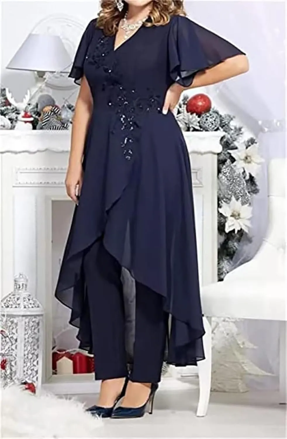 2 Pieces Mother of The Bride Pant Suits for Wedding Beaded Appliques Chiffon Outfit Formal Pantsuits for Women Dressy