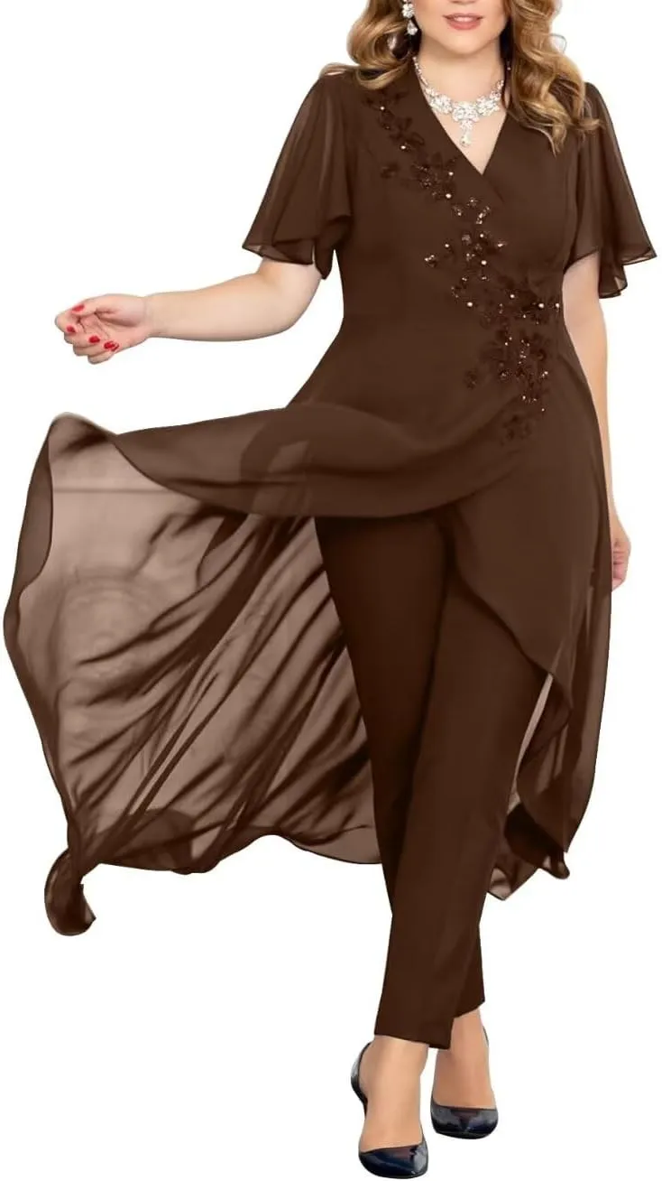 2 Pieces Mother of The Bride Pant Suits for Wedding Beaded Appliques Chiffon Outfit Formal Pantsuits for Women Dressy