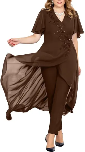 2 Pieces Mother of The Bride Pant Suits for Wedding Beaded Appliques Chiffon Outfit Formal Pantsuits for Women Dressy