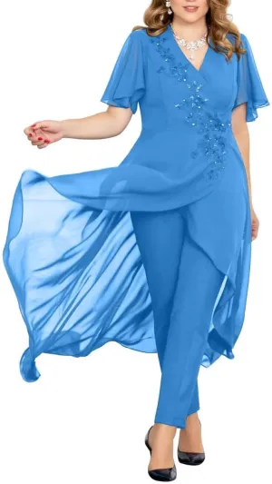 2 Pieces Mother of The Bride Pant Suits for Wedding Beaded Appliques Chiffon Outfit Formal Pantsuits for Women Dressy