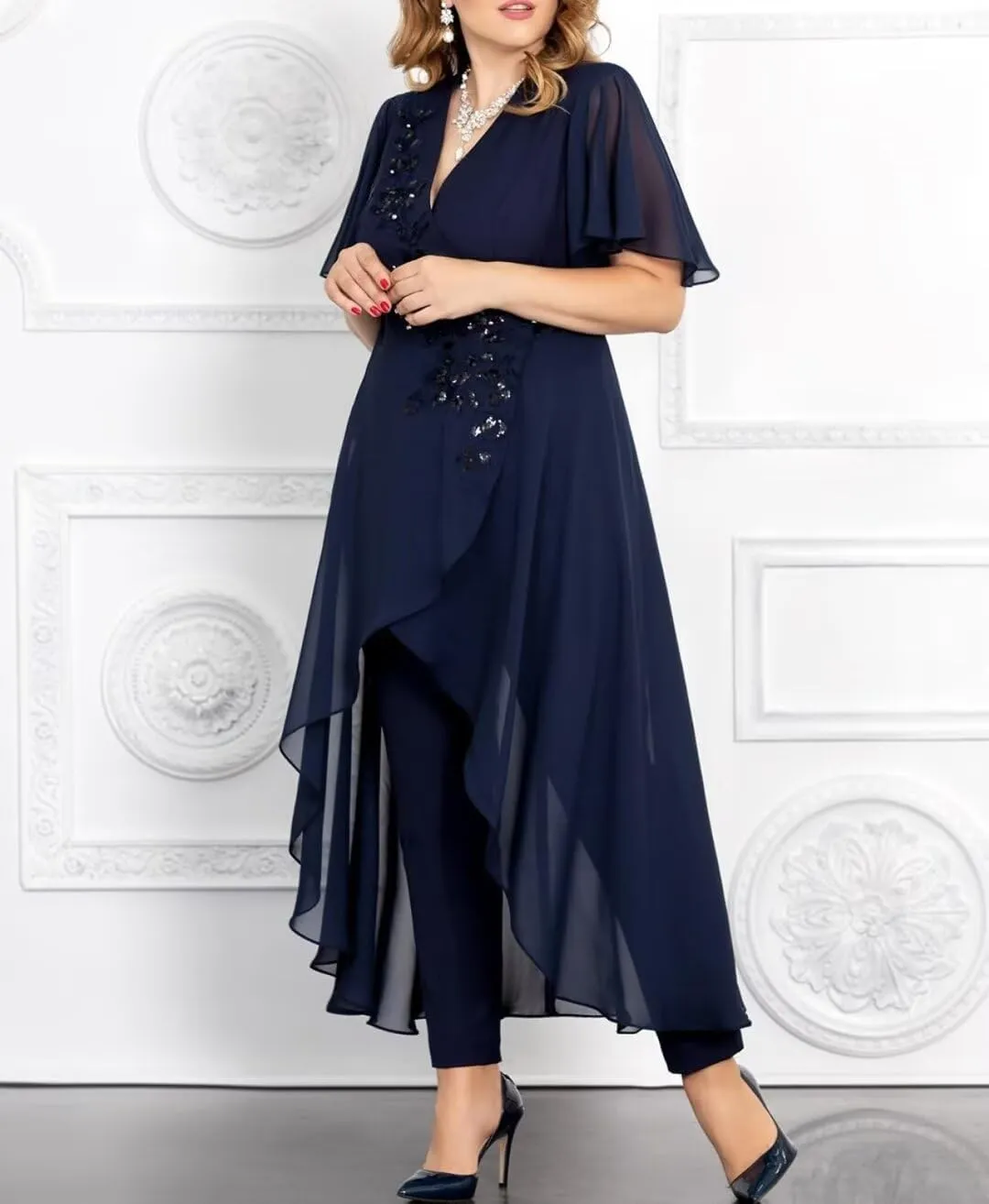 2 Pieces Mother of The Bride Pant Suits for Wedding Beaded Appliques Chiffon Outfit Formal Pantsuits for Women Dressy