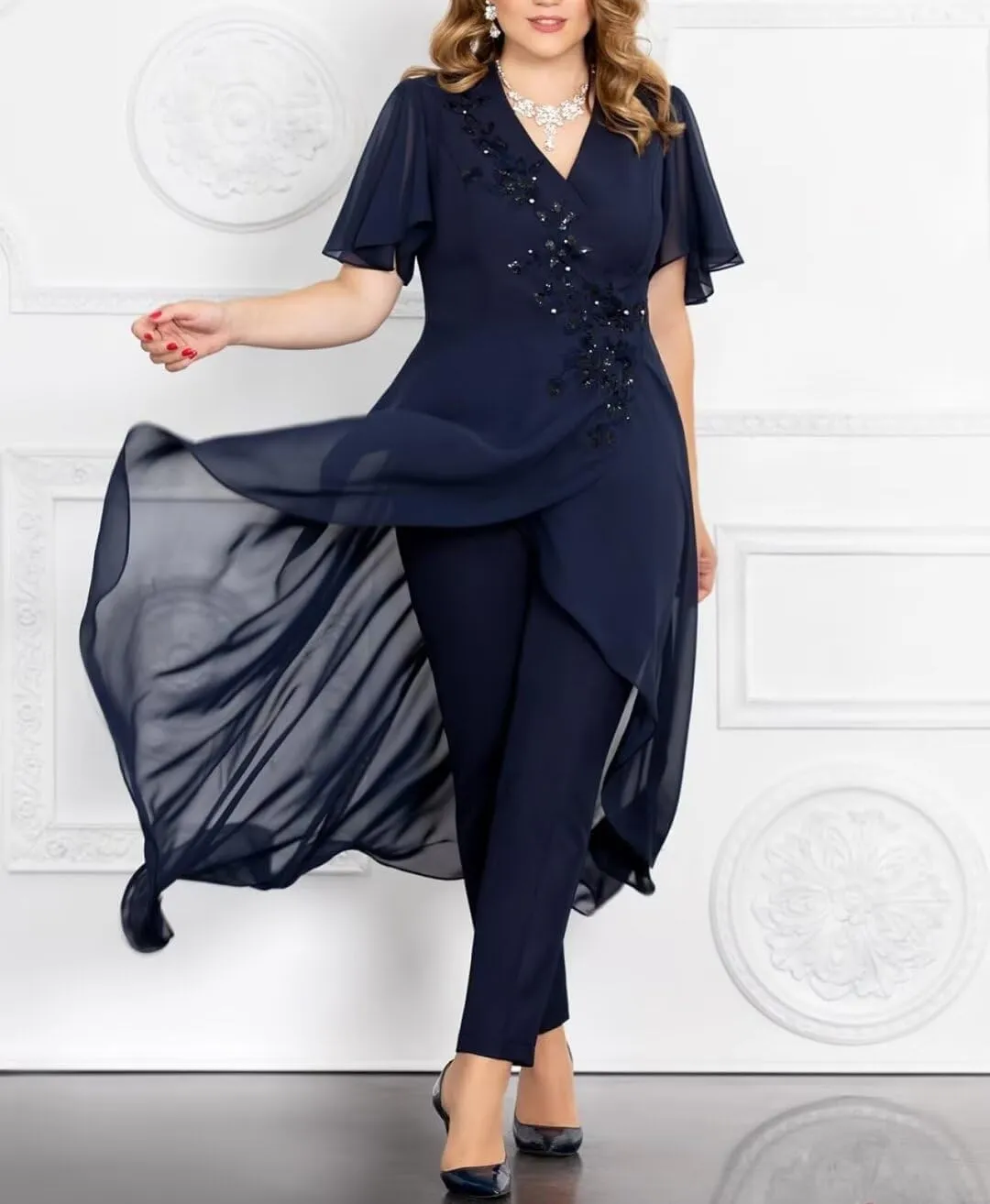 2 Pieces Mother of The Bride Pant Suits for Wedding Beaded Appliques Chiffon Outfit Formal Pantsuits for Women Dressy
