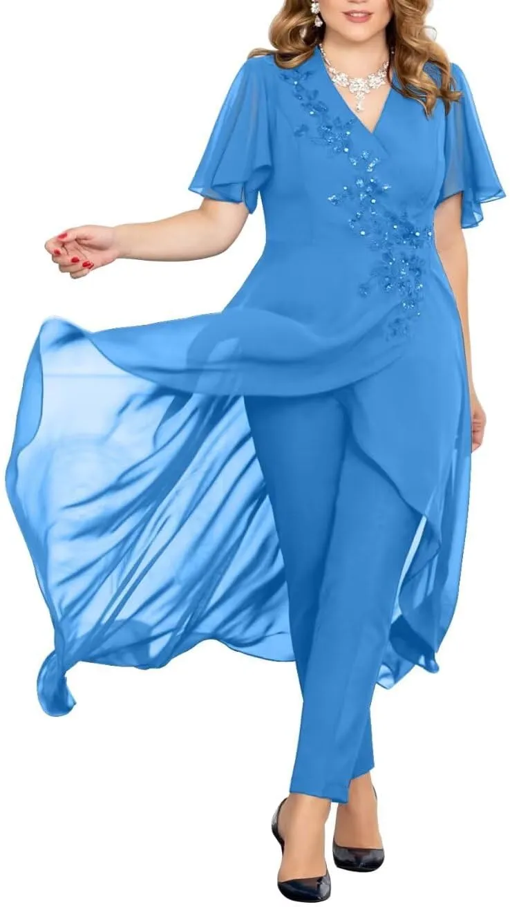 2 Pieces Mother of The Bride Pant Suits for Wedding Beaded Appliques Chiffon Outfit Formal Pantsuits for Women Dressy