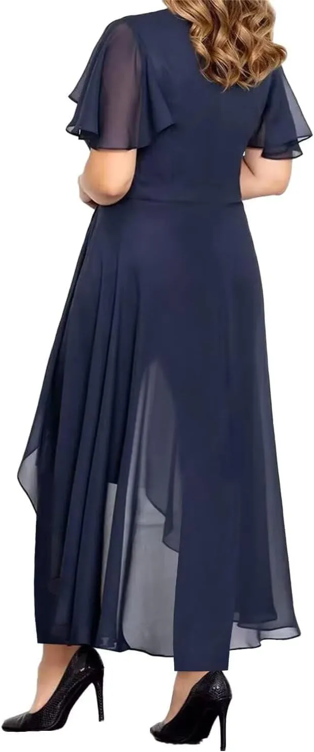 2 Pieces Mother of The Bride Pant Suits for Wedding Beaded Appliques Chiffon Outfit Formal Pantsuits for Women Dressy