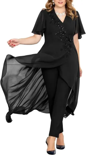 2 Pieces Mother of The Bride Pant Suits for Wedding Beaded Appliques Chiffon Outfit Formal Pantsuits for Women Dressy