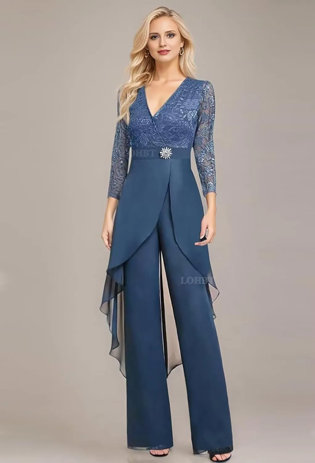 2 Pieces Mother of The Bride Pant Suits for Women Dressy Lace Appliques Rhinestone Chiffon Formal Jumpsuits Outfit Sets