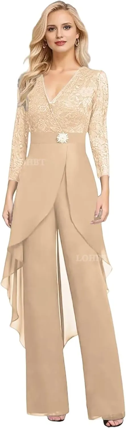 2 Pieces Mother of The Bride Pant Suits for Women Dressy Lace Appliques Rhinestone Chiffon Formal Jumpsuits Outfit Sets