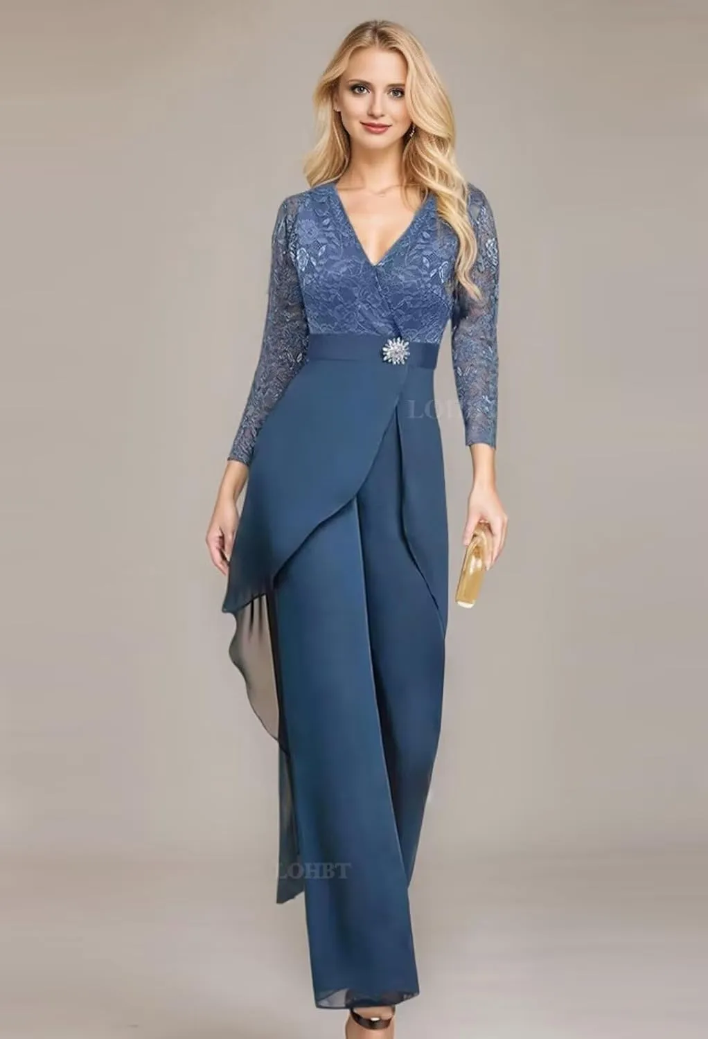 2 Pieces Mother of The Bride Pant Suits for Women Dressy Lace Appliques Rhinestone Chiffon Formal Jumpsuits Outfit Sets
