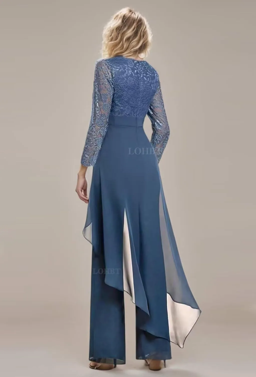 2 Pieces Mother of The Bride Pant Suits for Women Dressy Lace Appliques Rhinestone Chiffon Formal Jumpsuits Outfit Sets