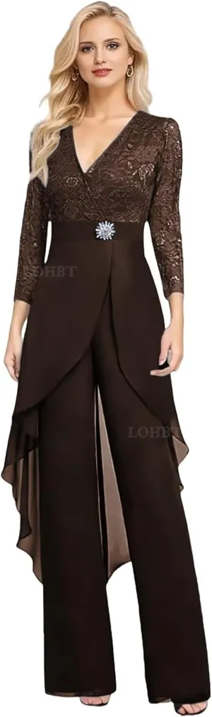 2 Pieces Mother of The Bride Pant Suits for Women Dressy Lace Appliques Rhinestone Chiffon Formal Jumpsuits Outfit Sets