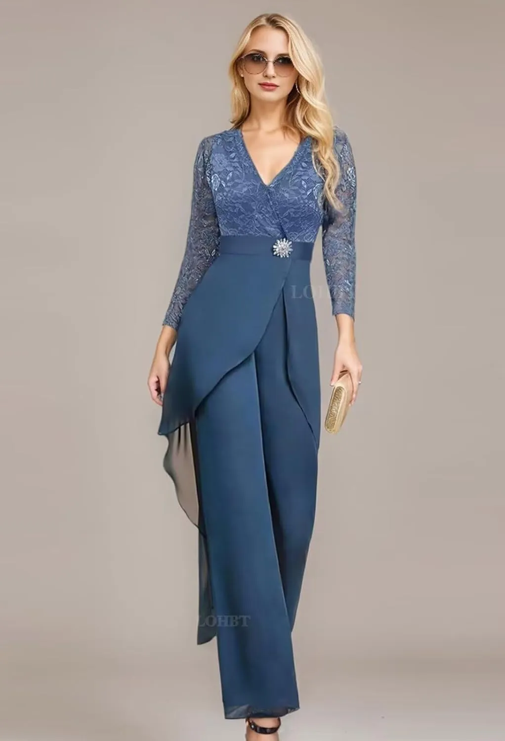 2 Pieces Mother of The Bride Pant Suits for Women Dressy Lace Appliques Rhinestone Chiffon Formal Jumpsuits Outfit Sets