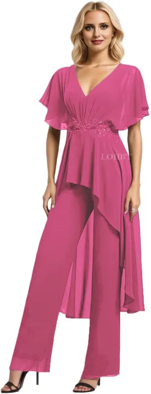 2 Pieces Mother of The Bride Pant Suits for Women Dressy Lace Appliques V-Neck Chiffon Formal Jumpsuits Outfit with Sleeves