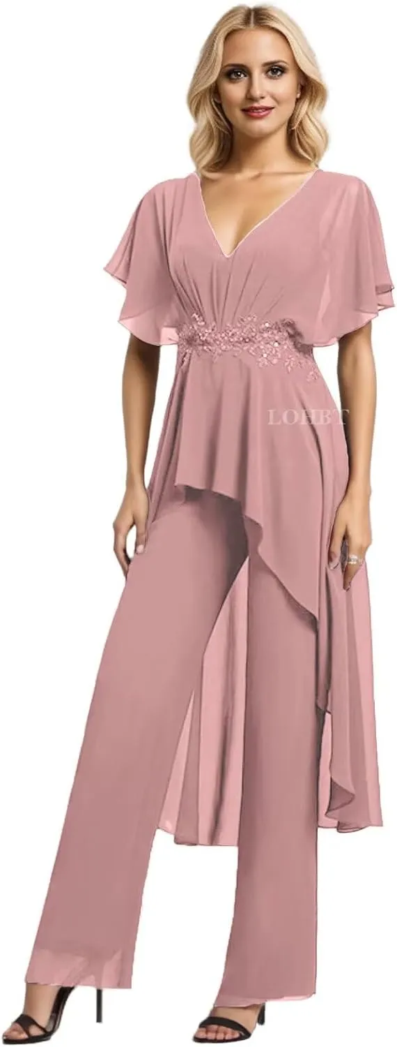 2 Pieces Mother of The Bride Pant Suits for Women Dressy Lace Appliques V-Neck Chiffon Formal Jumpsuits Outfit with Sleeves