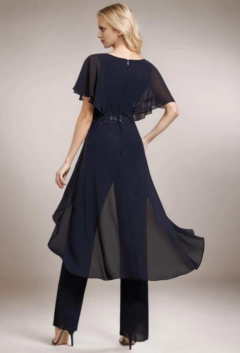 2 Pieces Mother of The Bride Pant Suits for Women Dressy Lace Appliques V-Neck Chiffon Formal Jumpsuits Outfit with Sleeves