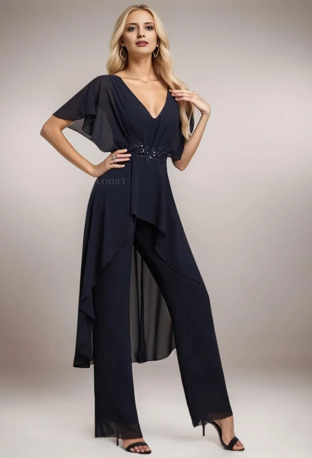 2 Pieces Mother of The Bride Pant Suits for Women Dressy Lace Appliques V-Neck Chiffon Formal Jumpsuits Outfit with Sleeves