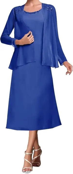 2 Pieces Tea Length Mother of The Bride Dresses for Wedding Beaded Chiffon Formal Evening Gowns with Jacket