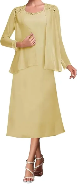 2 Pieces Tea Length Mother of The Bride Dresses for Wedding Beaded Chiffon Formal Evening Gowns with Jacket
