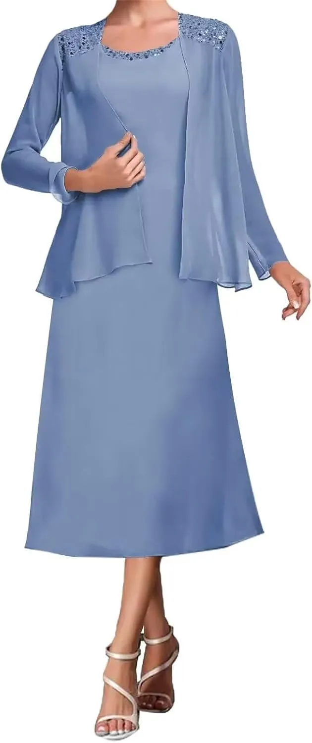 2 Pieces Tea Length Mother of The Bride Dresses for Wedding Beaded Chiffon Formal Evening Gowns with Jacket