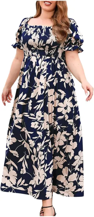 2024 Plus Size Dresses for Curvy Women Summer Puff Sleeve Boho Floral Dress Casual Square Neck Midi Dress Sundress Blue