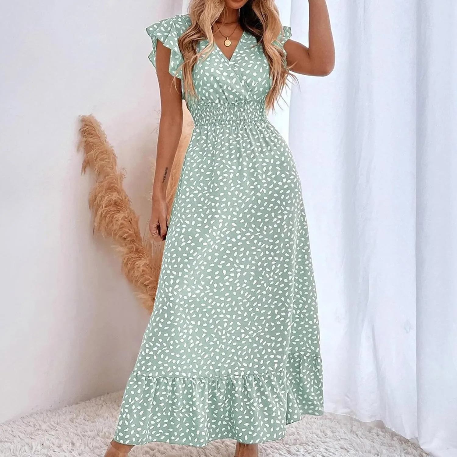 2024 Womens Summer Dresses Casual Boho Floral Ruffle Sleeve Midi Dresses Trendy Tie Waist V-Neck Sundress Beach Dress