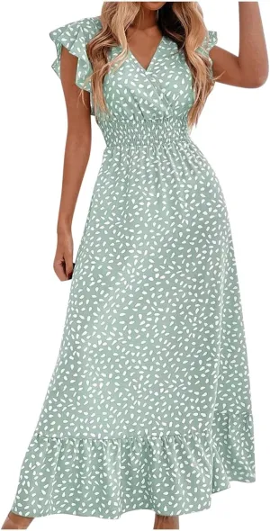 2024 Womens Summer Dresses Casual Boho Floral Ruffle Sleeve Midi Dresses Trendy Tie Waist V-Neck Sundress Beach Dress