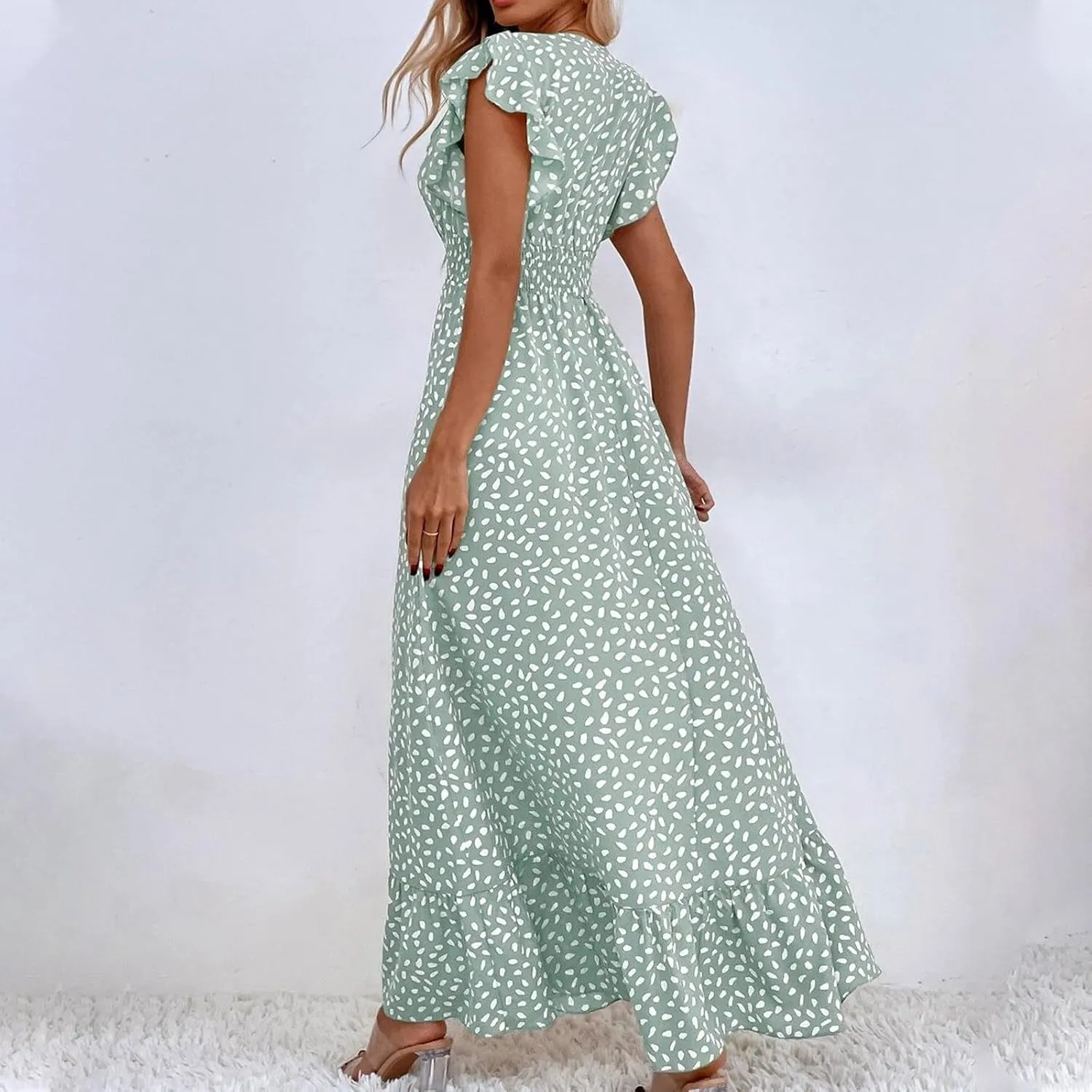 2024 Womens Summer Dresses Casual Boho Floral Ruffle Sleeve Midi Dresses Trendy Tie Waist V-Neck Sundress Beach Dress
