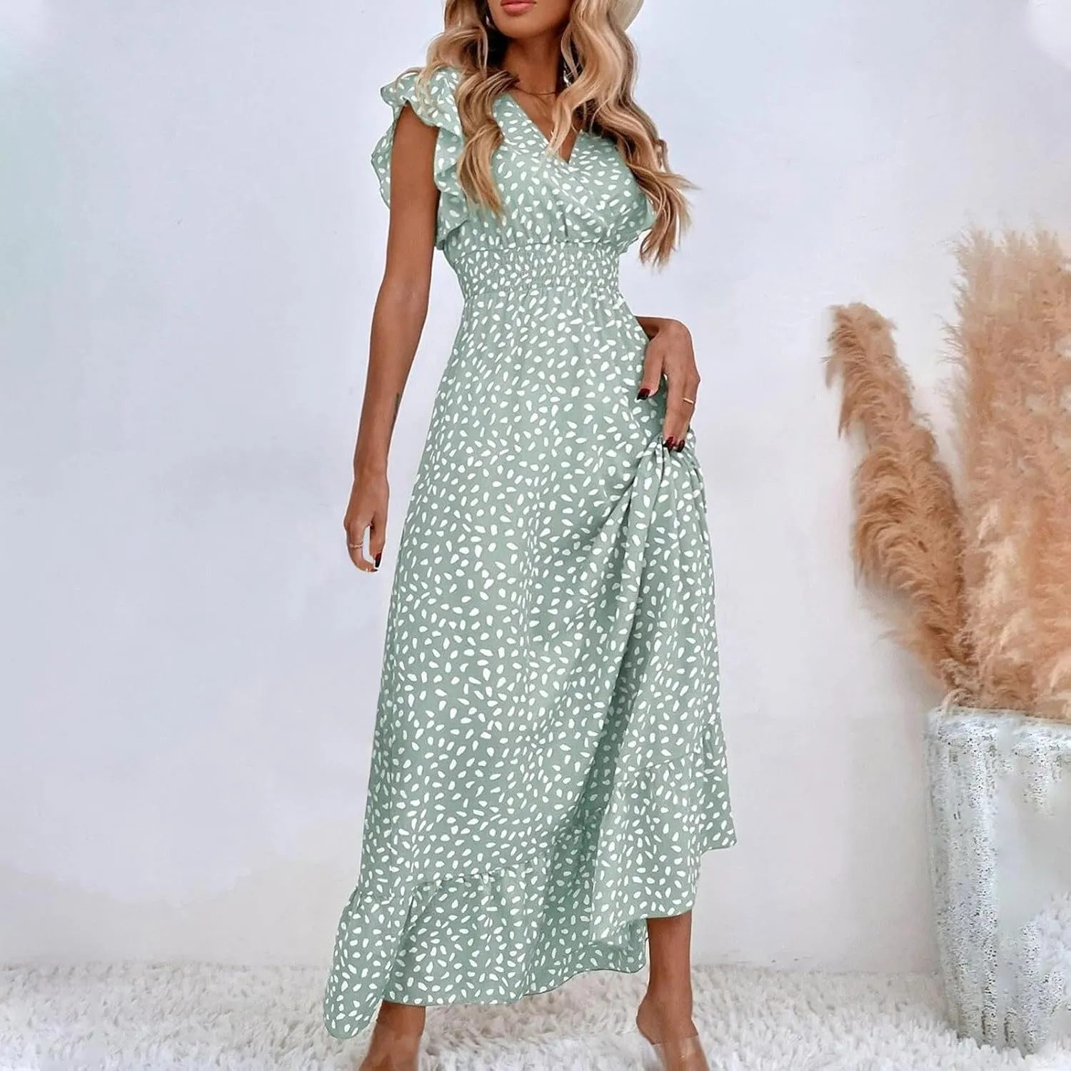 2024 Womens Summer Dresses Casual Boho Floral Ruffle Sleeve Midi Dresses Trendy Tie Waist V-Neck Sundress Beach Dress