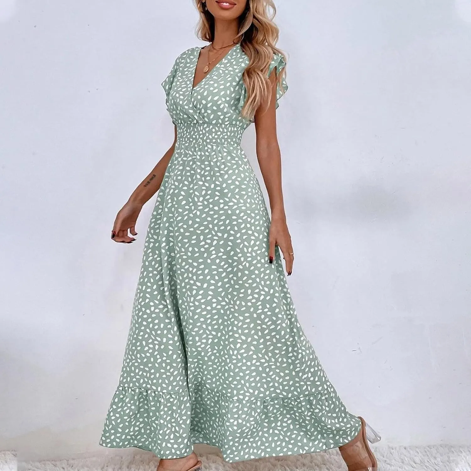 2024 Womens Summer Dresses Casual Boho Floral Ruffle Sleeve Midi Dresses Trendy Tie Waist V-Neck Sundress Beach Dress