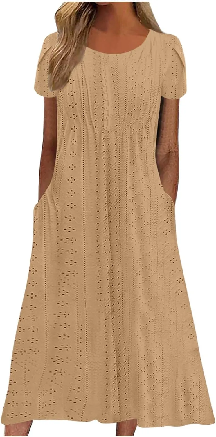 2025 Summer Dress for Womens Dressy Casual Sundress Hollow Out Eyelet Embroidery Maxi Dress Petal Sleeve Beach Dresses