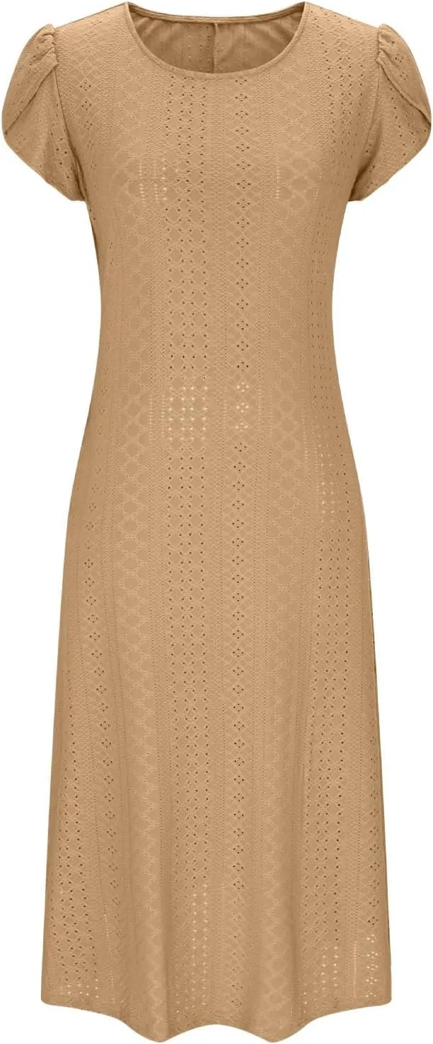 2025 Summer Dress for Womens Dressy Casual Sundress Hollow Out Eyelet Embroidery Maxi Dress Petal Sleeve Beach Dresses