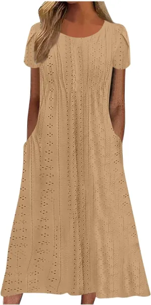 2025 Summer Dress for Womens Dressy Casual Sundress Hollow Out Eyelet Embroidery Maxi Dress Petal Sleeve Beach Dresses