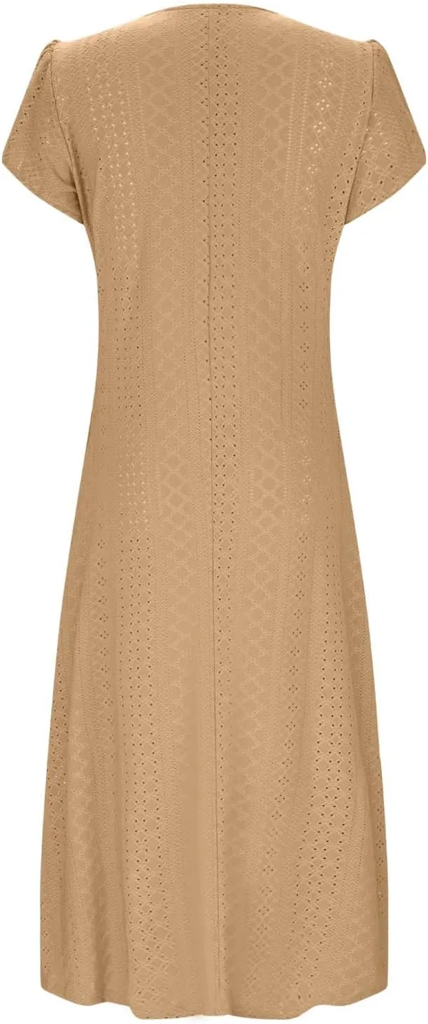 2025 Summer Dress for Womens Dressy Casual Sundress Hollow Out Eyelet Embroidery Maxi Dress Petal Sleeve Beach Dresses