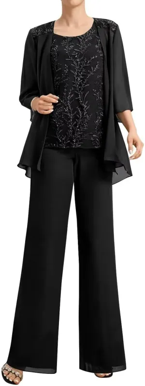 3 Piece Mother of The Bride Pant Suits for Wedding 3/4 Sleeve Chiffon Formal Pants Outfit with Jacket