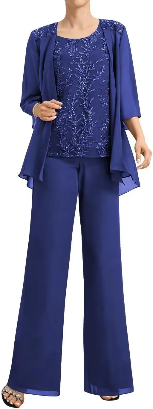 3 Piece Mother of The Bride Pant Suits for Wedding 3/4 Sleeve Chiffon Formal Pants Outfit with Jacket