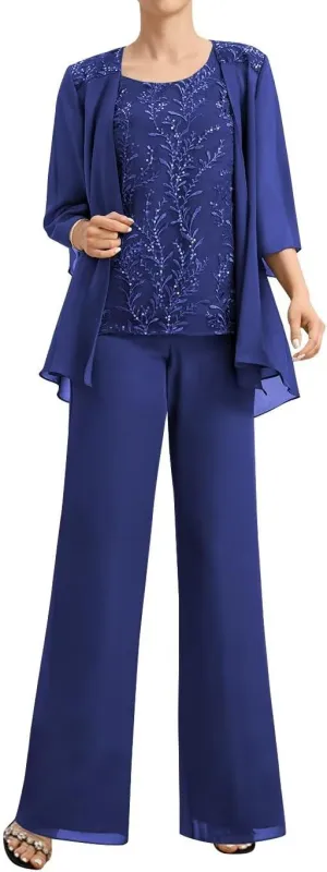 3 Piece Mother of The Bride Pant Suits for Wedding 3/4 Sleeve Chiffon Formal Pants Outfit with Jacket