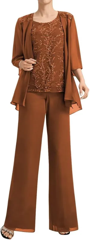 3 Piece Mother of The Bride Pant Suits for Wedding 3/4 Sleeve Chiffon Formal Pants Outfit with Jacket