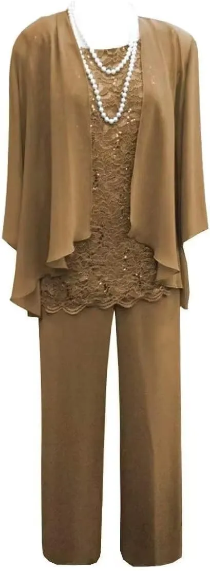 3 Pieces Mother of The Bride Pant Suits for Wedding Chiffon Outfit Sets for Women Dressy