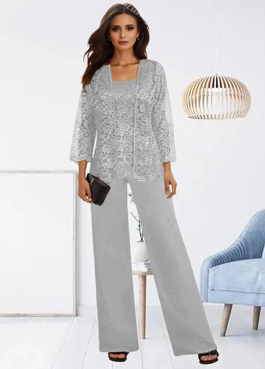 3 Pieces Mother of The Bride Pant Suits for Wedding with Jacket Lace Chiffon Outfit Formal Pantsuits for Women Dressy