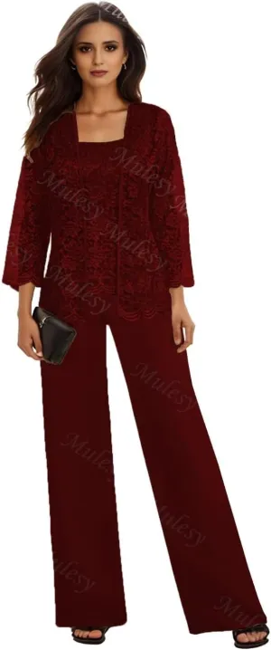 3 Pieces Mother of The Bride Pant Suits for Wedding with Jacket Lace Chiffon Outfit Formal Pantsuits for Women Dressy